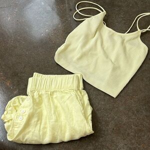 Yellow Ribbed Crop Top and Shorts Set